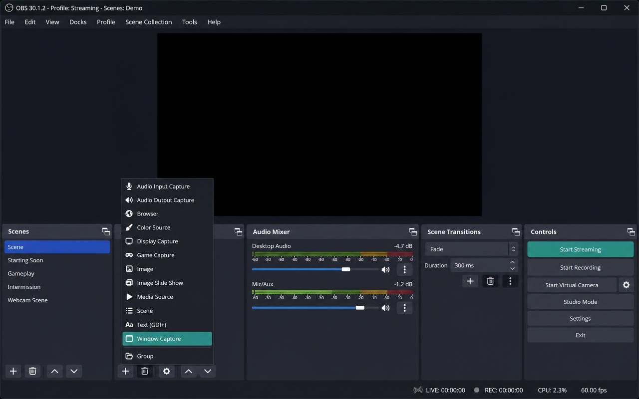 OBS Sources panel with Window Capture highlighted in the add-source menu