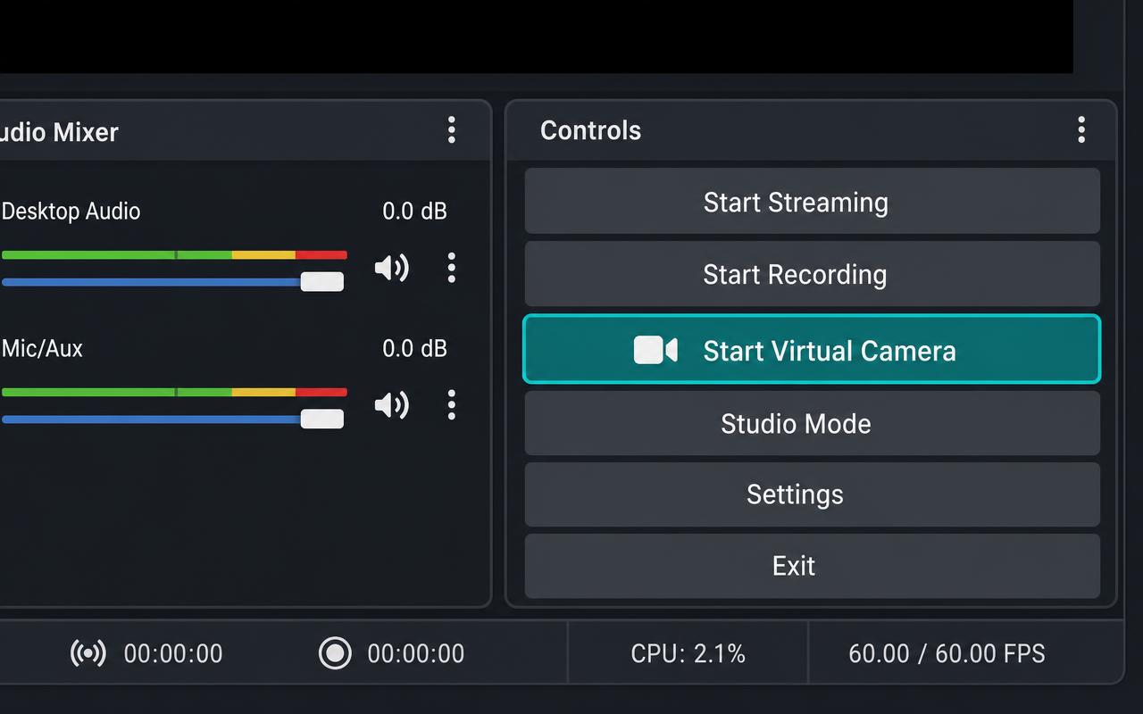 OBS Controls panel with the Start Virtual Camera button highlighted
