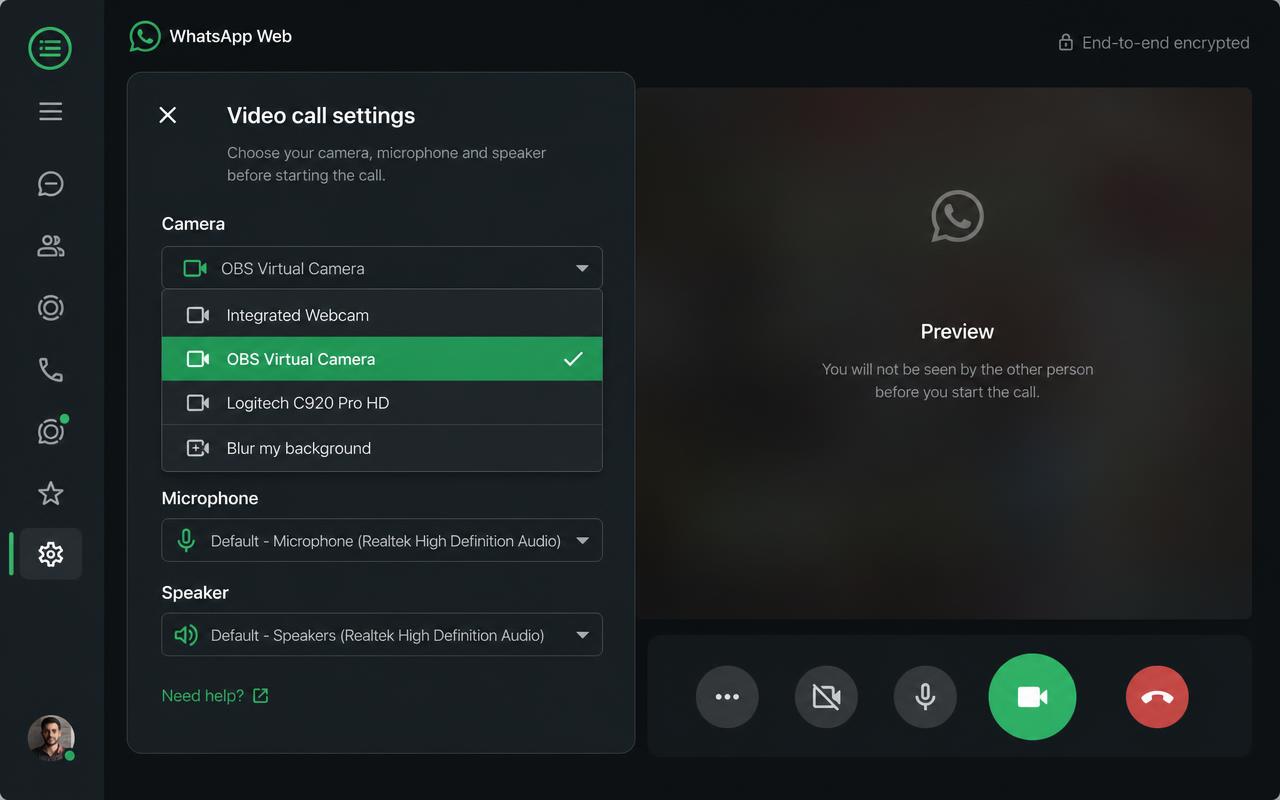 WhatsApp Web video call settings with OBS Virtual Camera selected
